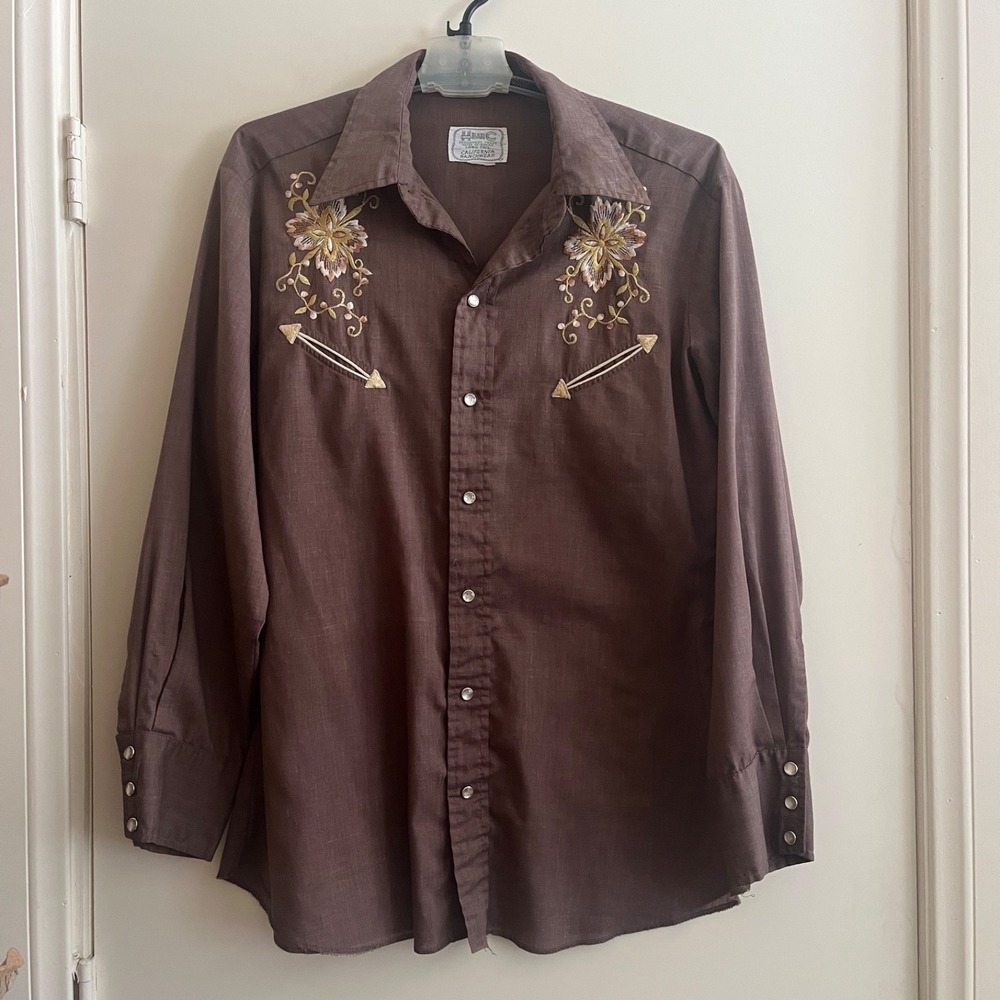 Vintage H BAR C California Ranchwear Western Shirt 44 Brown Long Trail Hollywood